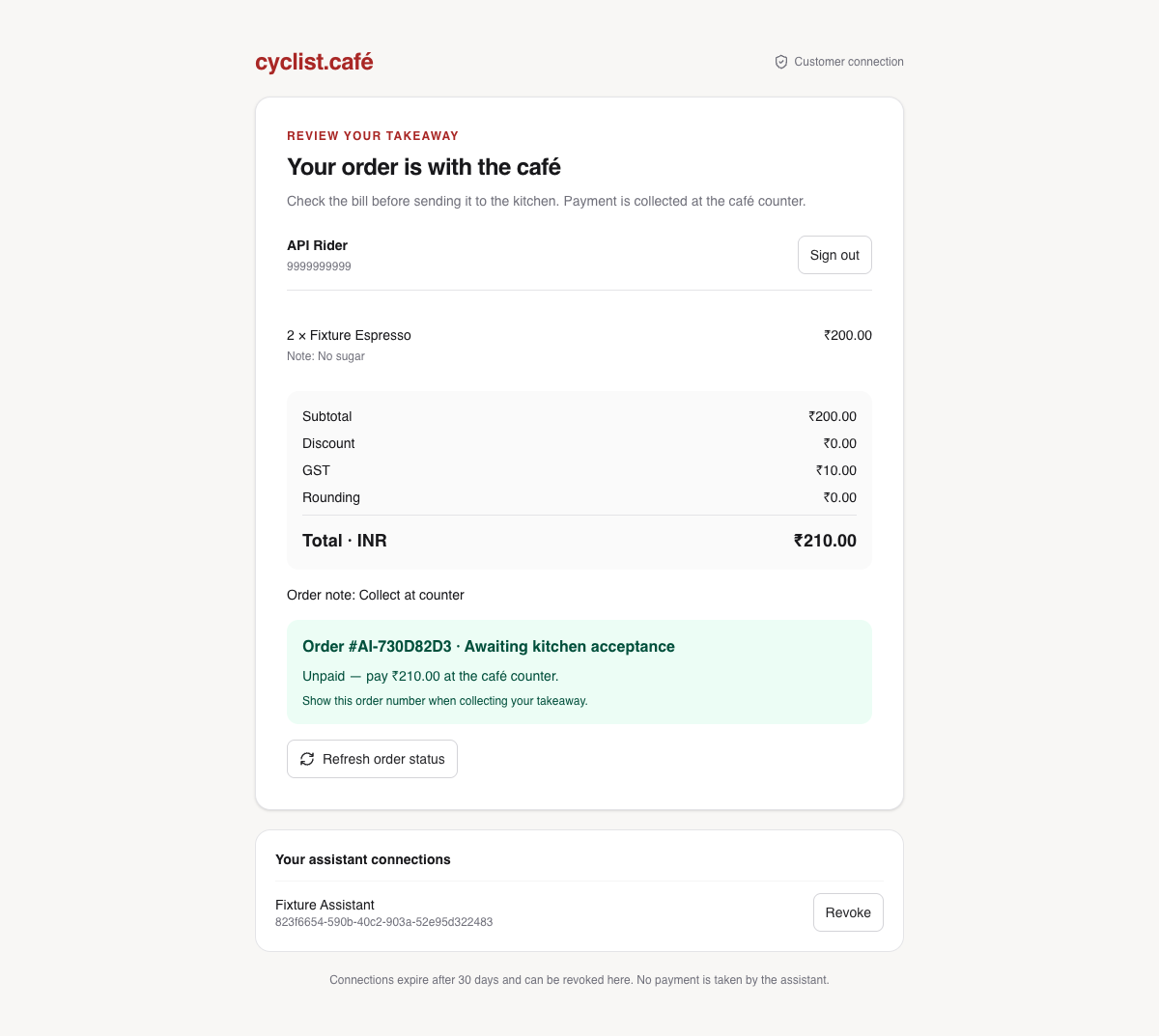 Cyclist customer checkout showing line items, total and an unpaid counter-payment confirmation.