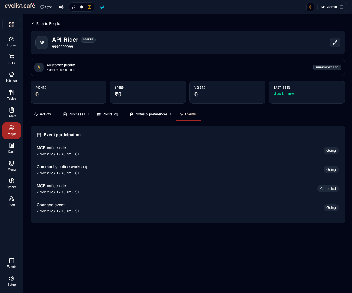 People customer profile with its Events tab showing the same workshop RSVP.